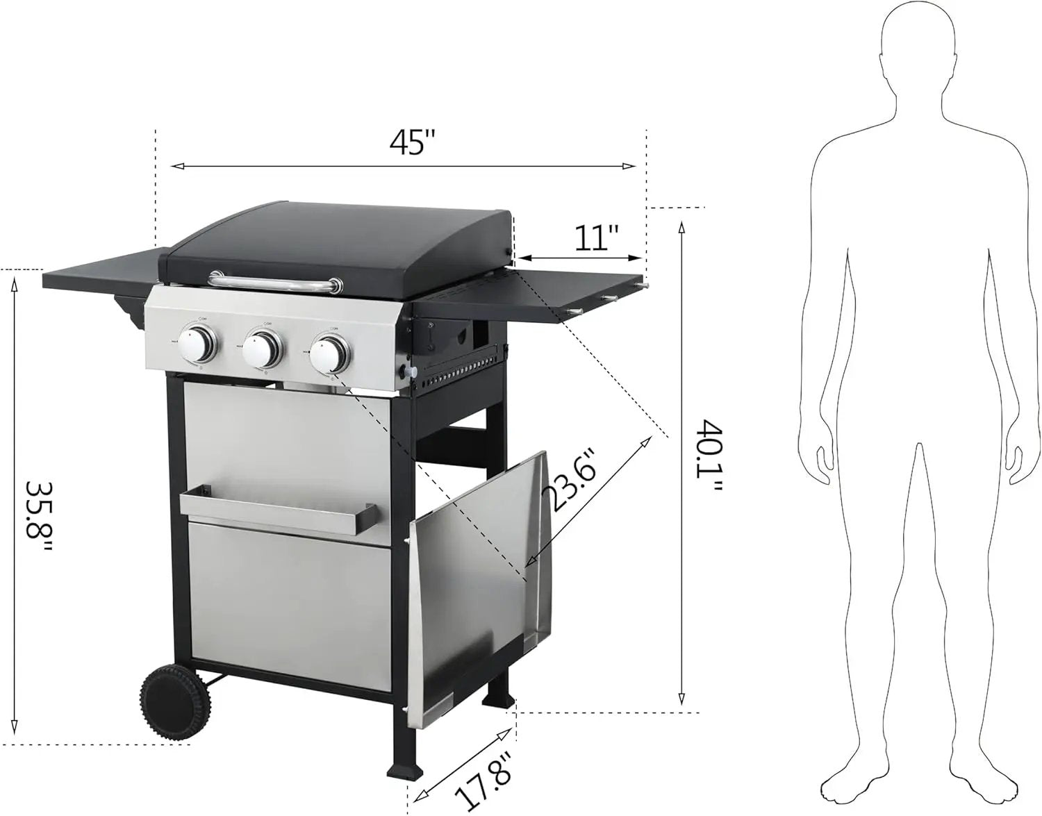 3-Burner Propane Gas BBQ Grill with SS Plancha, 36,900 BTU Output, Wire Enamel Grids, Foldable Side Table and Hanging Basket, Stainless Steel Grill for Patio Use by GreenHaven Gardens