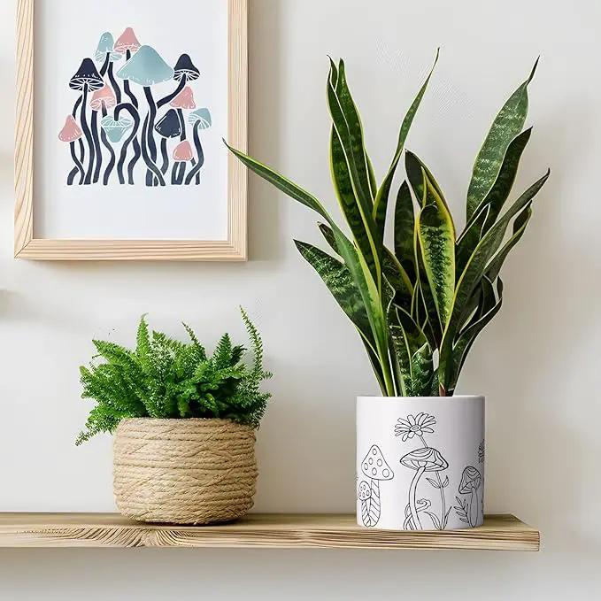 Mushroom Ceramic Plant Pot Set of 2, 5 Inch Modern Stylish White Round Flower Pots with Drainage Holes, Planter Decor for Indoor-Outdoor Plants Spider Plant, Pothos, Gift for Woman and Friends by GreenHaven Gardens