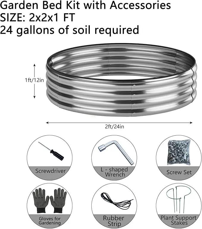 Galvanized Metal Planter Round Raised Garden Bed Kit for Gardening Outdoor，2x2x1ft 2pc Grow Garden Box Raised Flower Bed，Round Galvanized Planter Outdoor Metal Fire Pit Ring by GreenHaven Gardens