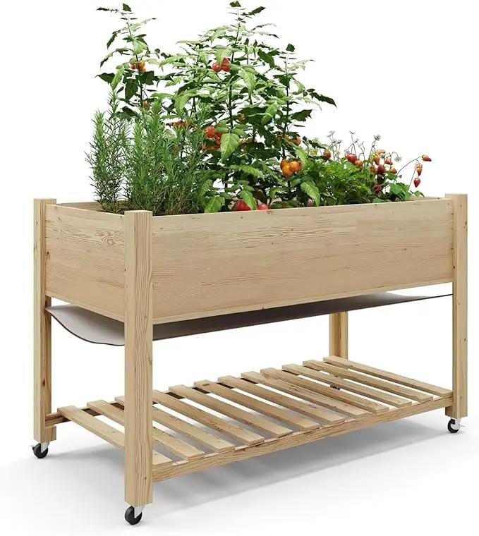 Raised Garden Bed with Legs and Wheels, Wooden Raised Planter Box with Storage Shelf, Protective Liner, Mobile Elevated Wood Planter for Backyard, Patio, Balcony Natural, 48"×24"×30" by GreenHaven Gardens