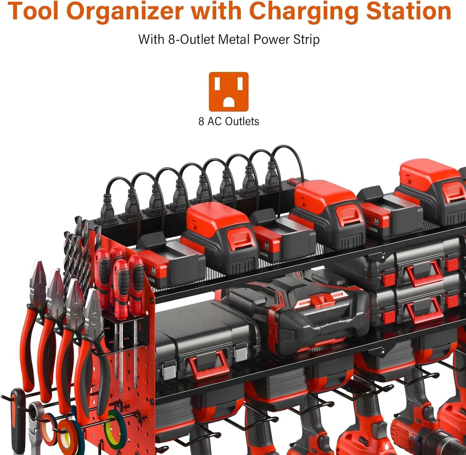 JUNNUJ Large Pegboard Power Tool Organizer with Charging Station, 8 Drills Driver and Tools Battery Holder Wall Mount with 8 Outlet Power Strip, Red 3-Layer Shop Garage Storage Utility Rack by GreenHaven Gardens