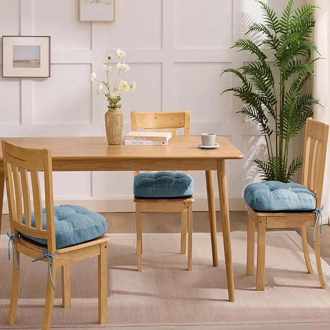 Chair Cushions for Dining Chairs, Dining Chair Cushions, Tufted Indoor Chair Pads with Ties & Non Slip Backing, Seat Cushions for Kitchen Chairs 16.5” x 16.5” x 3.5”, Set of 4, Light Blue by GreenHaven Gardens
