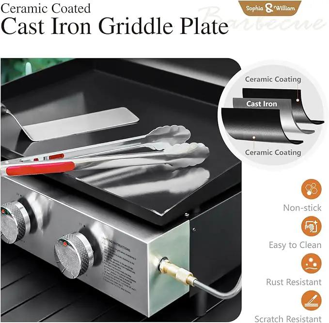Sophia & William 22" Flat Top Grill with Lid & Ceramic Coated Cast Iron Pan, 3-Burner Portable Tabletop Gas Propane Griddle for Outdoor, BBQ, Camping & Tailgating Barbecue, 24,000 BTU by GreenHaven Gardens