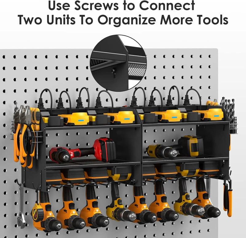 CCCEI Modular Power Tool Organizer Wall Mount with Charging Station. Garage 4 Drill Storage Shelf with Hooks, Screwdriver, Drill Bit Heavy Duty Rack, Tool Battery Holder Built in 8 Outlet Power Strip. by GreenHaven Gardens