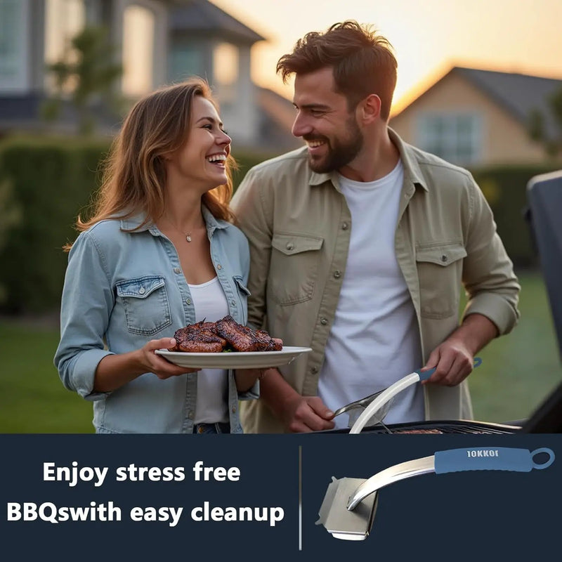 Grill Brush Bristle Free with Long Handle,Non Metal Grill Scraper for Outdoor BBQ,Stainless Steel Safe Steam Cleaner, Includes 2 Replaceable Heads for Grilling Effortless Blue by GreenHaven Gardens