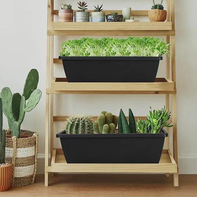 12Pcs 17Inches Rectangle Planter Box with Drainage Holes and Trays Plastic Planters Flower Boxes Pots for Indoor Outdoor Plants Patio Garden Home Decor Porch Yard (Black) by GreenHaven Gardens