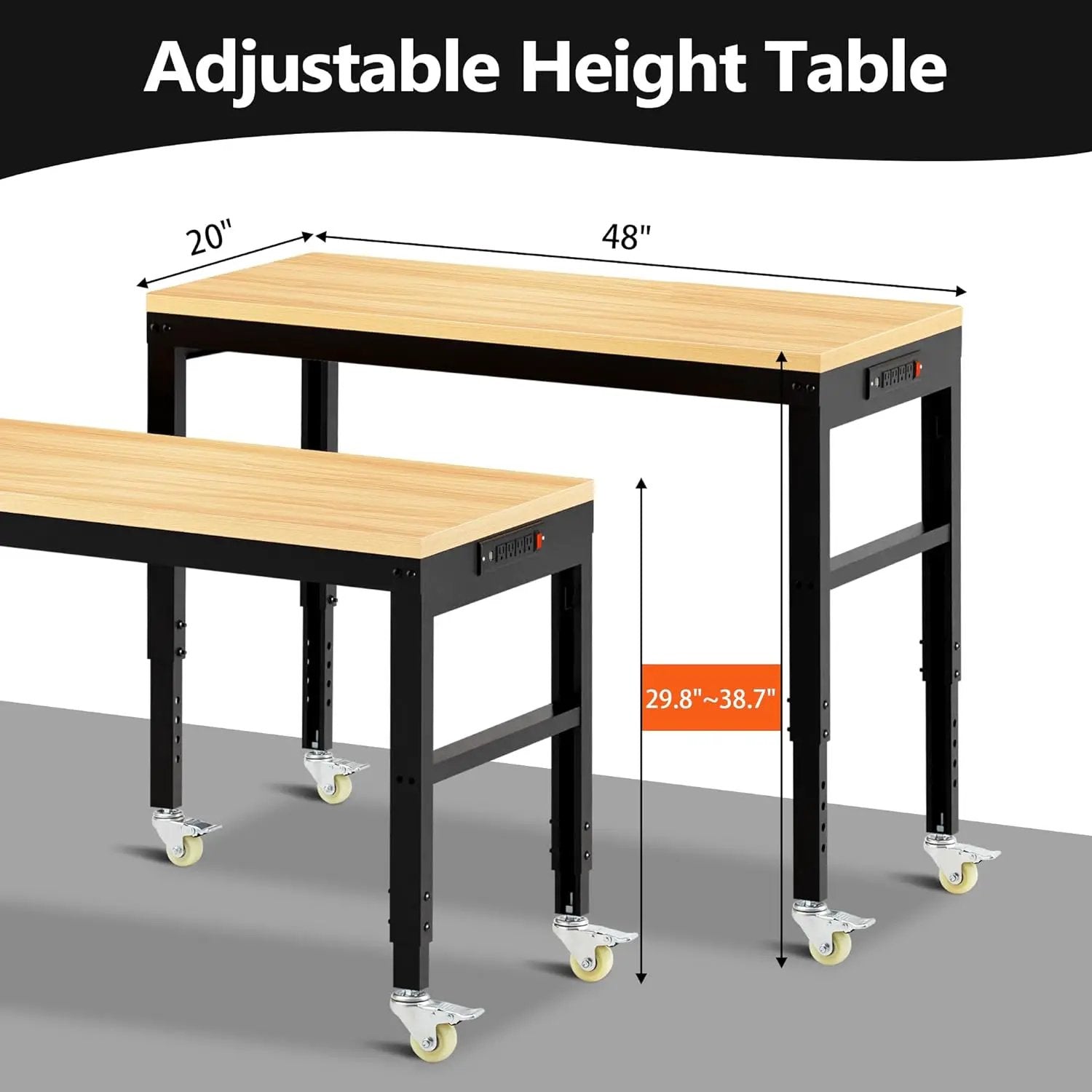 48” Adjustable Workbench，Heavy Duty Wood Work Bench 2000 Lbs Load Capacity,Work Table with Power Outlet and Wheels for Garage, Workshop, Office, Home by GreenHaven Gardens