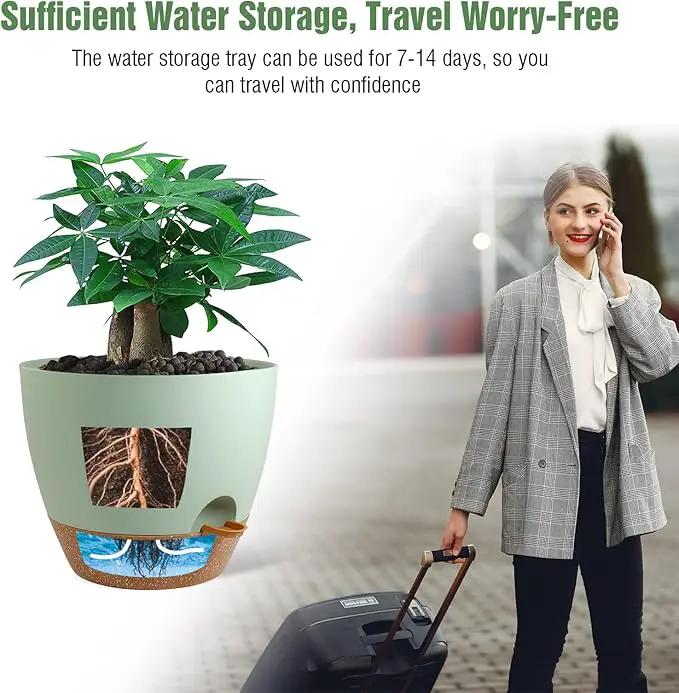 12 inch Large Self Watering Pots, Plastic Planters with 60oZ Removable Deep Reservoir and Multi Mesh Drainage Holes for Indoor Outdoor Garden Plants and Flowers, Green with Brown by GreenHaven Gardens