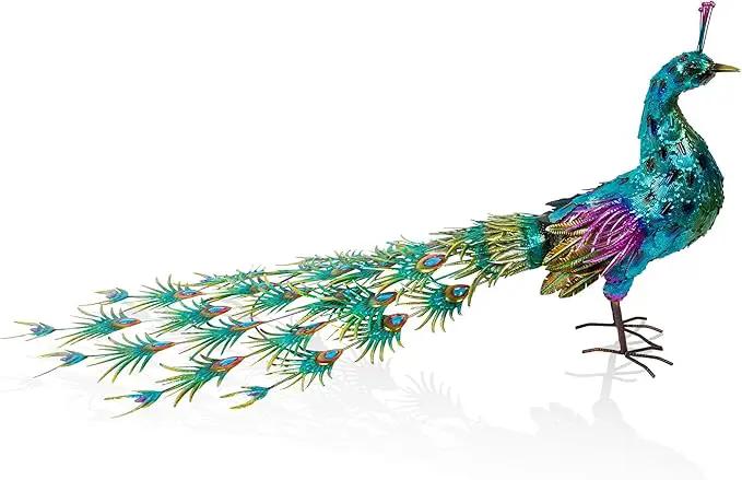 Alpine Corporation HEH378 Metal Jumbo Sized Majestic Peacock Decor, Elegant Garden & Patio Bird Statue, 33" H, Blue by GreenHaven Gardens