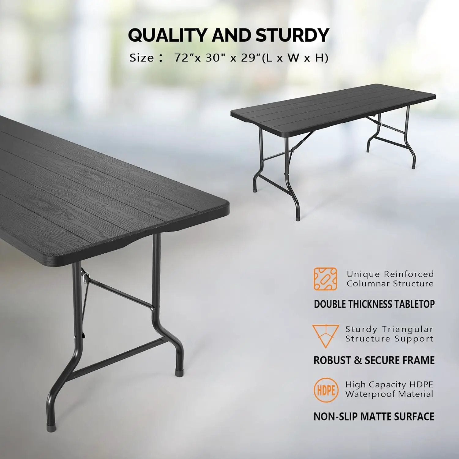 VINGLI 6 Foot Plastic Folding Table Portable Long Table for Indoor Outdoor Use Rectangular with Carrying Handle, Tree Patterned HDPE Tabletop, Black by GreenHaven Gardens