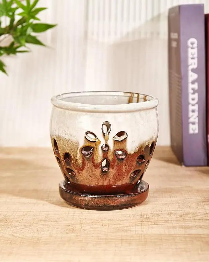 vensovo 5 Inch Ceramic Orchid Pots with Holes and Saucers - 1 Pcs Small Succulent Pot for Repotting, Garden Flowerpots for Plants Indoor and Outdoor Promotes Air Circulation, Brown Mixed by GreenHaven Gardens