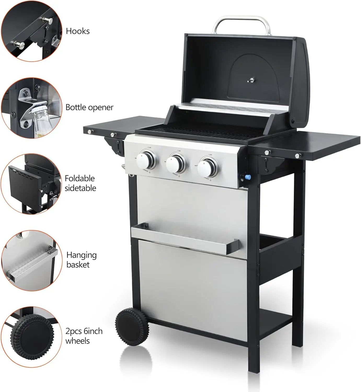 3-Burner Propane Gas BBQ Grill with Side Burner - Stainless Steel 30,000 BTU Patio Garden Barbecue Grill with Two Foldable Shelves by GreenHaven Gardens