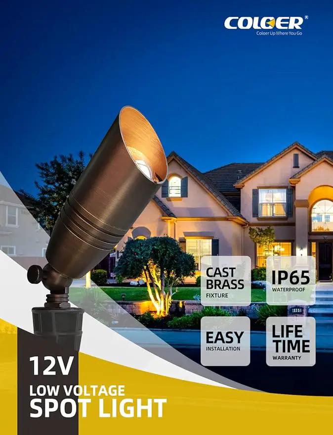 COLOER Brass Landscape Spotlights, 6 Pack Landscape Light Fixture with 5W Aluminum Housing MR16 LED Bulb 2700K 450LM,12V AC/DC Low Voltage Outdoor Spot Lighting,Uplight for Garden and Patio(102B) by GreenHaven Gardens