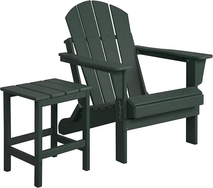 WO Home Furniture Adirondack Chair Table Set of 2 PCS Outdoor Folding Chair w Side Table Weather/UV Resistant for Lawn, Garden, Bon Fire, Balcony (Dark Green) by GreenHaven Gardens