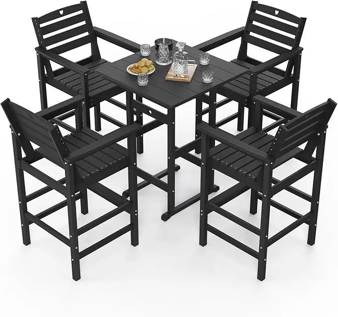 5-Piece Bar Height Outdoor Table and Chairs Set, HDPE Wood Grain Patio Bar Table and Chairs with Heart Cutout Design, Weather-Resistant Bar Height Furniture for Deck, Porch, Pool (Black) by GreenHaven Gardens