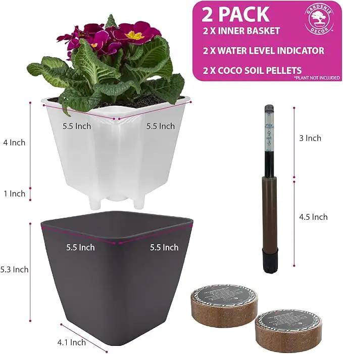 GARDENIX DECOR 5" Self Watering pots for Indoor Plants - Flower Pot with Water Level Indicator for Plants, Grow Tracking Tool - Self Watering Planter Plant Pot – 2 Pack Gray by GreenHaven Gardens
