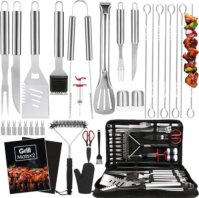 Yoehka BBQ Grilling Accessories Set, 34Pcs Heavy Duty Grill Tools for Outdoor Camping, Grilling Gifts for Men Dad, Stainless Steel Barbecue Utensils Kit with Mats and Glove in Carrying Bag, Silver by GreenHaven Gardens