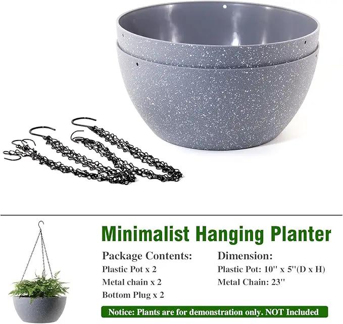 10 inch Hanging Planters for Outdoor Indoor Plants with Drainage Holes and Chain, 2 Pack Round Hanging Flower Plant Pots for Garden Home Porch Decor, Speckled Grey by GreenHaven Gardens