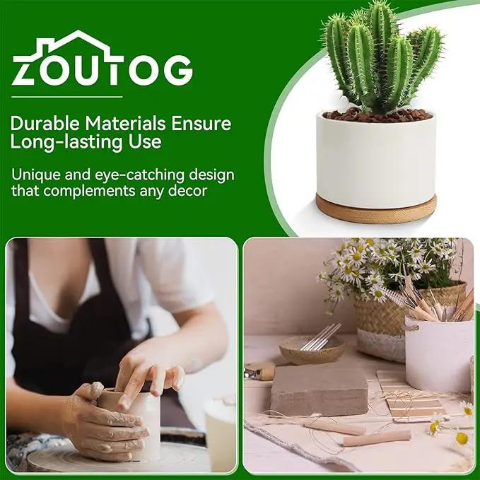 ZOUTOG Plant Pot 4 Inch, Ceramic Succulent Pots with Drainage Hole & Bamboo Tray, Pack of 6 White Small Flower Pots for Home, Office, Indoor or Outdoor Decor - Plants Not Included by GreenHaven Gardens