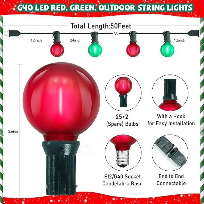 G40 LED Outdoor Christmas String Lights 50FT Hanging Globe String Lights with 27 LED Shatterproof Frosted Red Green Lights(2 Spare), Waterproof Patio String Lights for Balcony Backyard Pergola Decor by GreenHaven Gardens