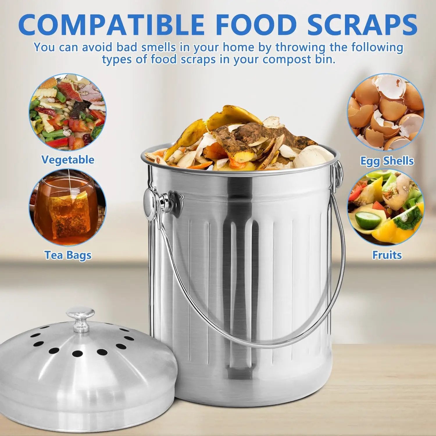 ENLOY Compost Bin for Kitchen Countertop, 1.3 Gallon Stainless Steel Indoor Compost Bucket for Kitchen Countertop Odorless Compost Pail for Kitchen Food Waste with Carrying Handle Easy to Clean by GreenHaven Gardens