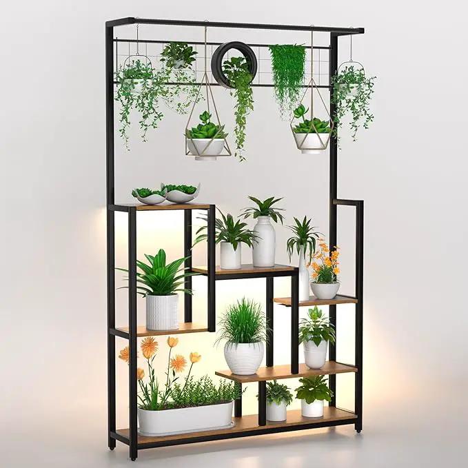 Tall Plant Stand Indoor with Grow Lights, 6 Tiered Metal Plant Stand for Indoor Plants Multiple, Large Plant Shelf Display Rack, Square Flower Plant Holder for Living Room, Patio (Black) by GreenHaven Gardens