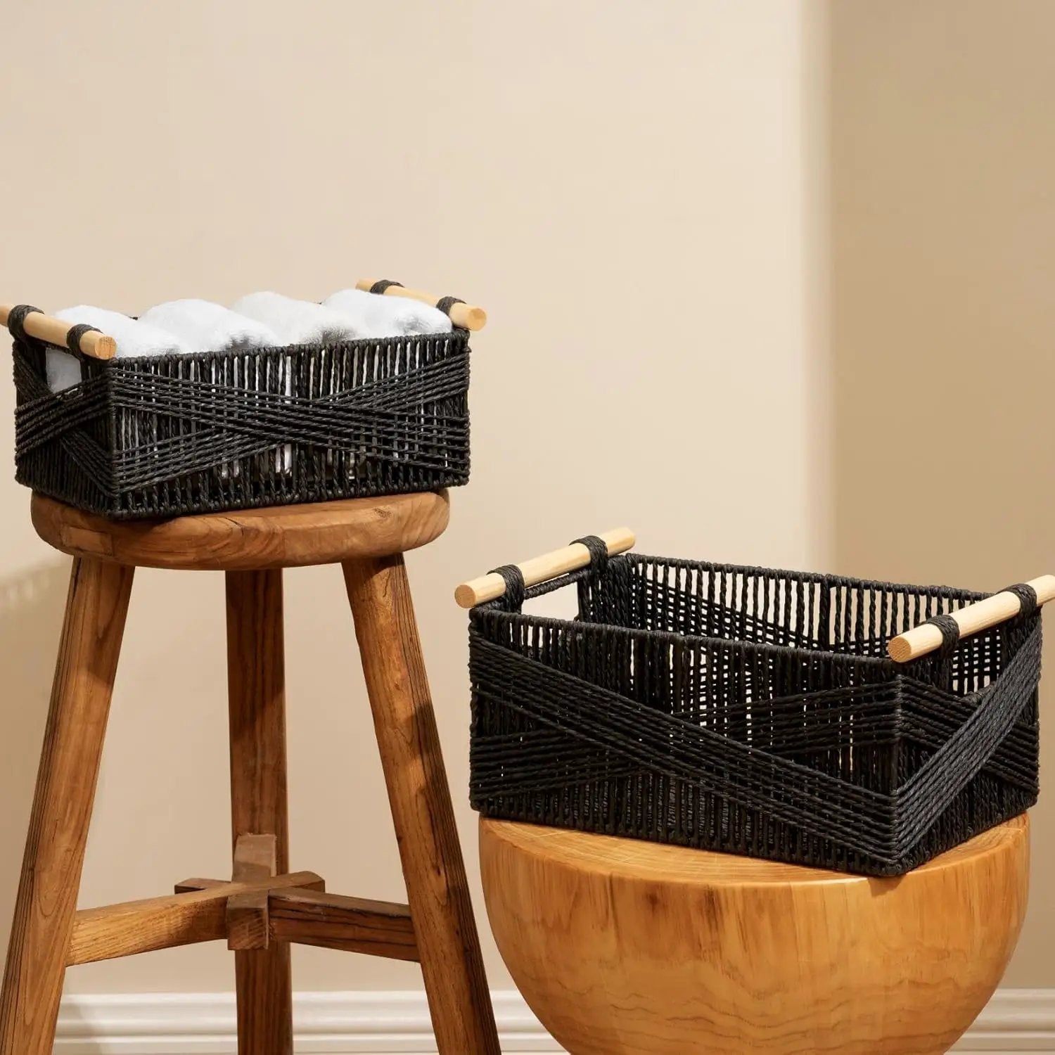 LA JOLIE MUSE Wicker Storage Baskets for Organizing, Recyclable Paper Rope Basket with Wood Handles, Decorative Hand Woven Basket Organizers for Makeup Books Shelves Living Room, Black, Set of 2 by GreenHaven Gardens
