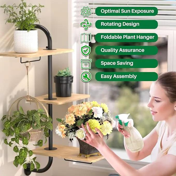 YUOROS Window Plant Shelves, 3-Tier Rotating Plant Shelf Stand, Indoor Metal Wall Plant Holder by GreenHaven Gardens