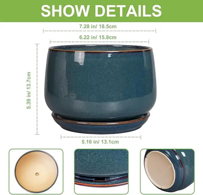 G EPGardening Ceramic Pot for Plants - Modern 7 Inch Round Planter with Drainage and Tray Indoor Outdoor for Flower, Porch Decor, Gardening Gifts, Retro Blue by GreenHaven Gardens