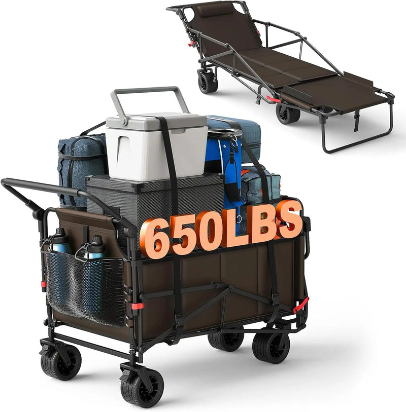 LEVELEVE Heavy Duty Folding Wagon - 2-in-1 Collapsible Cart, 650lb Capacity, All-Terrain Wheels w/Brakes & Side Pockets (Brown) by GreenHaven Gardens