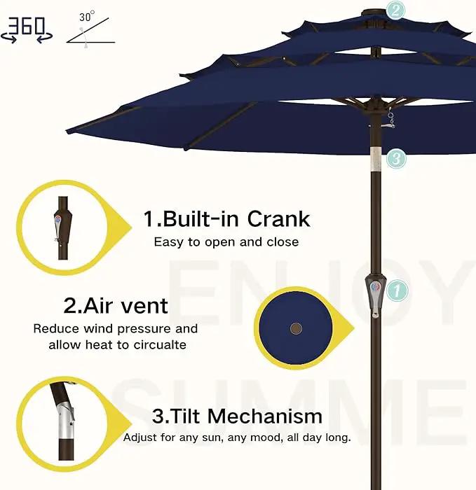 Kingdura 9ft 3-Tier Patio Umbrella, Outdoor Table Umbrella with Easy Crank & Tilt, 8 Reinforced Ribs, UV Protection for Deck, Pool, Market, Backyard (Navy blue) by GreenHaven Gardens