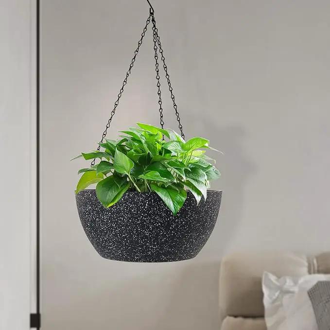 13 inch Large Hanging Planters Plant Pots for Outdoor Indoor Plants with Drainage Holes and Chain, 2 Pack Round Hanging Flower Pots for Garden Home Porch Decor, Speckled Black by GreenHaven Gardens