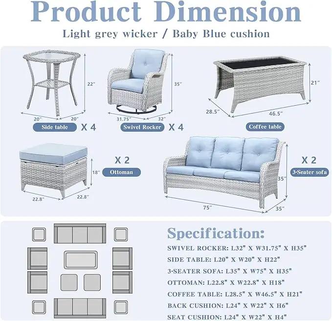 Wicker Patio Furniture Sets - 13 Piece Outdoor Rattan Furniture Conversation Sets with 4 Swivel Rocker Chairs, 2 Rattan Sofas, Wicker Ottomans and Coffee Table, Light Grey/Baby Blue by GreenHaven Gardens