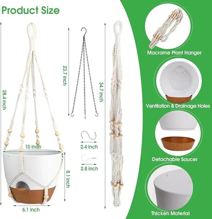 Hanging Planters for Indoor Outdoor Plants, 2 Pack Self Watering Hanging Pot with Drainage Holes, Removable Tray & 2 Kinds of Plant Hangers, 10'' Hanging Flower Pots for Home Garden Decor, White by GreenHaven Gardens