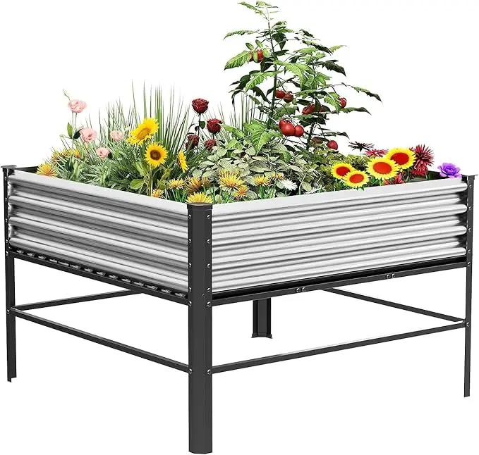 Doniks Raised Garden Bed with Legs, 48×48×32in Large Outdoor Metal Galvanized Garden Planting Box,1000lb Capacity for Vegetables Lawn Green Flowers, Fruits, Terrace by GreenHaven Gardens