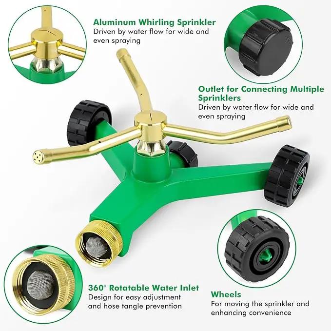 [2 Pack] RESTMO 3-Arm Metal Sprinkler with Wheel Base, 360 Degree Automatic Rotary Lawn Sprinkler System for Garden Plant, Flower Bed and Yard Watering and Large Yard Area Watering by GreenHaven Gardens