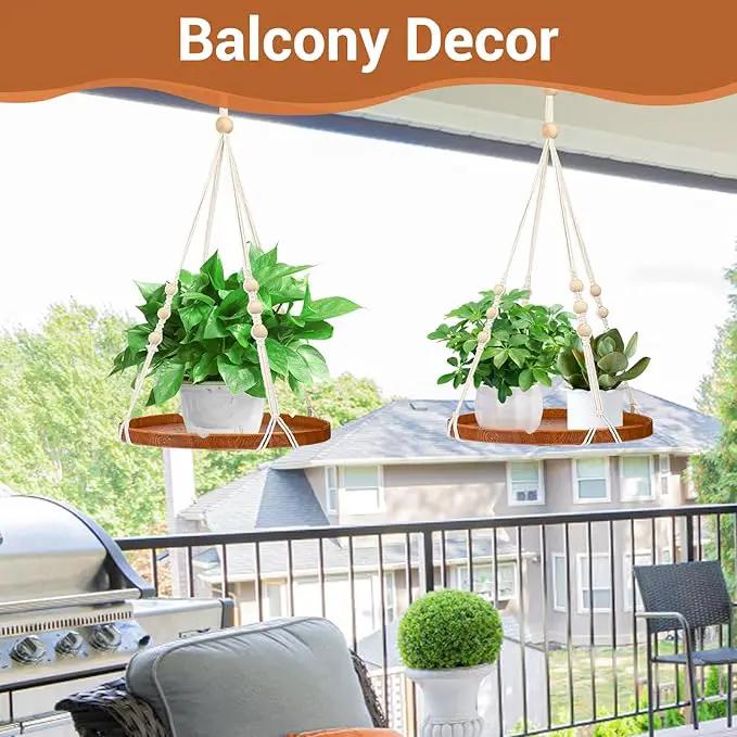 SUREAM 2 Packs Hanging Planters Holder, Hanging Plant shelf with Wood Beads and Wood Tray for Indoor Outdoor Boho Home Decor, Ceiling Plant Hangers for Garden, Wall, Porch, Patio, Balcony, and Window by GreenHaven Gardens
