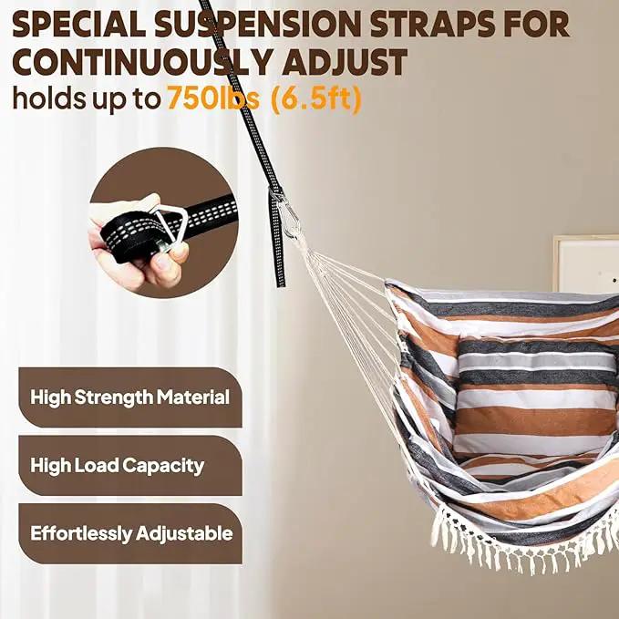 Chihee Hammock Chair Hanging Swing 2 Pillows Included,Strong Webbing Straps and Hooks for Easy Hanging Soft Cotton Hanging Chair Side Pocket Tassel Chair Comfort Indoor Outdoor Brown Stripes by GreenHaven Gardens