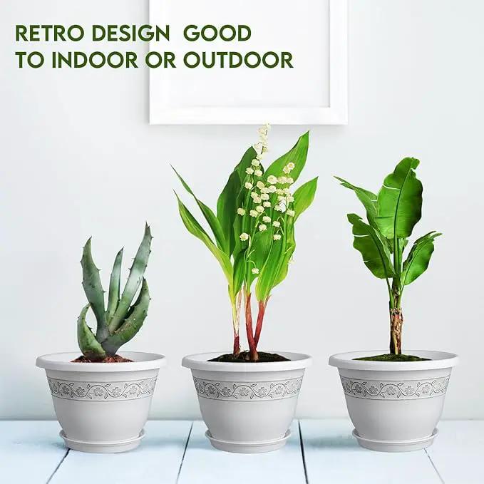 8 Inch Plant Pots with Drainage Hole - Lightweight Flower Pots for Herbs and Flowers - Home Decor Plastic Planters for Indoor Outdoor Plants- Pack of 6 (White, 8 inch) by GreenHaven Gardens