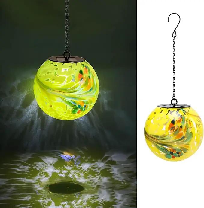 VCUTEKA Solar Hanging Lanterns Outdoor Decoration, Glass Solar Lights with Hook Up, Solar Garden Gazing Ball Light for Yard, Tree and Patio Decor, Yellow by GreenHaven Gardens