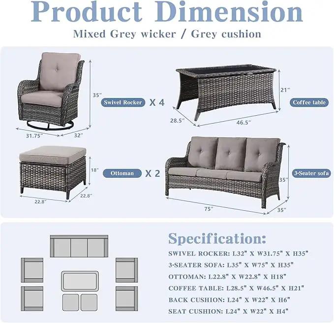 Wicker Patio Furniture Sets - 8 Piece Outdoor Rattan Furniture Conversation Sets with 4 Swivel Rocker Chairs, Rattan Sofa, Wicker Ottomans and Coffee Table, Mixed Grey/Grey by GreenHaven Gardens