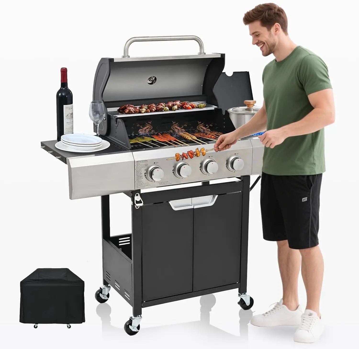 4-Burner Propane Gas BBQ Grill with Side Burner, Porcelain-Enameled Cast Iron Grates and Grills Cover, 51,000 BTU Stainless Steel Grill for Outdoor Camping Barbecue Grilling Backyard Cooking by GreenHaven Gardens