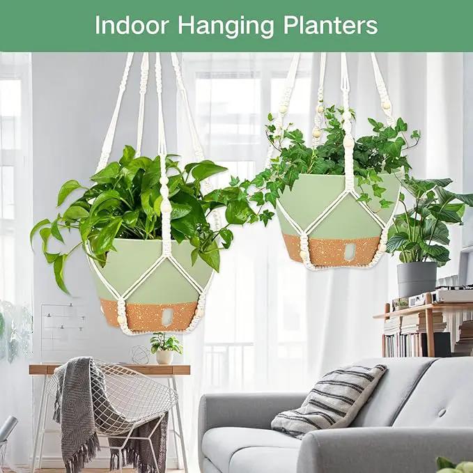 QCQHDU 2 Pack Hanging Planters for Indoor Plants, Outdoor Hanging Baskets, Self Watering Pots with Drainage Holes & Removable Tray (Green, 8 inch, Macrame Hanger) by GreenHaven Gardens