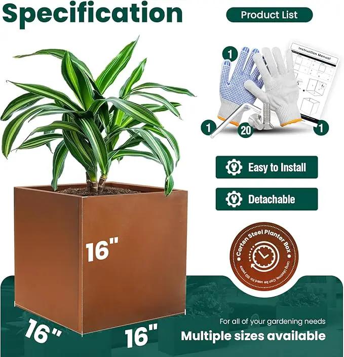 Corten Steel Planter Box Metal Planters Square Outdoor Steel Planter Cube Rustic Flower Pot 16 Inch Integral Durable Antique for Commercial Residential Garden Patio Deck and Backyard by GreenHaven Gardens