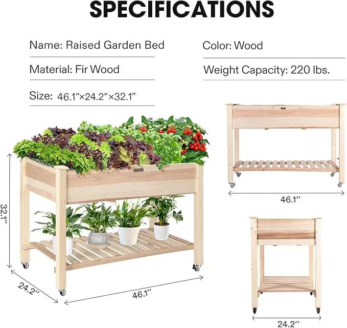 VIVOSUN Elevated Wooden Raised Garden Bed, 46 x 24 x 32 Inches, Mobile Outdoor Planter Box with Storage Shelf and Protective Liner for Outdoor Use, with Lockable Wheels by GreenHaven Gardens