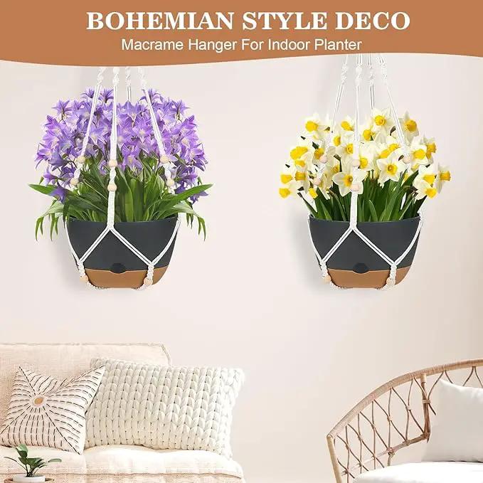 3 Pack Hanging Planters Set, 10 + 10 + 8 Inch Self-Watering Hanging Plant Pot, Macrame Plant Hanger with Pot, Ceiling Hooks, Removable Saucer and Drainage Holes for Indoor, Outdoor Plants - Black by GreenHaven Gardens