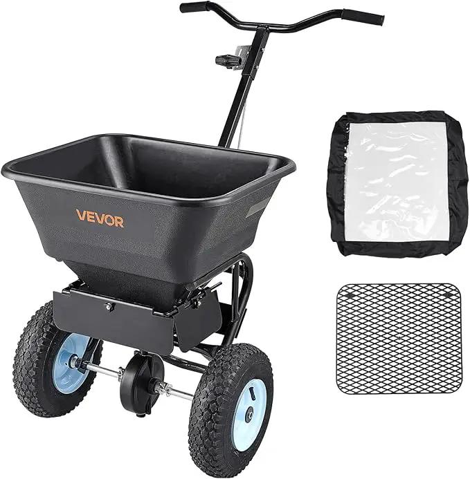 VEVOR Broadcast Spreader, 100LBS4Capacity, Walk-Behind Push Spreader, 0-9.8ft Spreading Width, 13 in All Terrain Pneumatic Tires, Lawn Spreaders with Hopper Grate, for Seed, Fertilizer, Salt, Ice Melt by GreenHaven Gardens