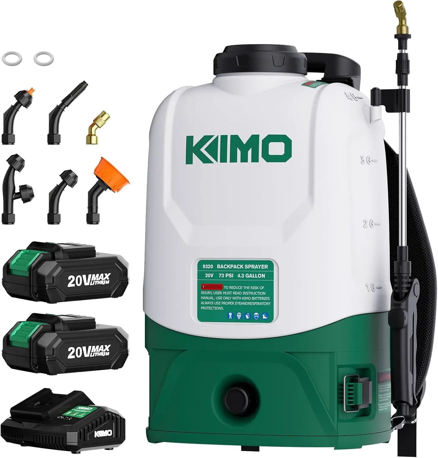 KIMO 4.3 Gallon Battery Powered Backpack Sprayer, 2PCS 20V 2.0Ah Battery & Fast Charger, 31" Telescopic Wand, 6 Nozzles, No Pump Needed, 0-73 PSI Electric Garden Sprayer for Weed, Lawn, Yard, Cleaning by GreenHaven Gardens