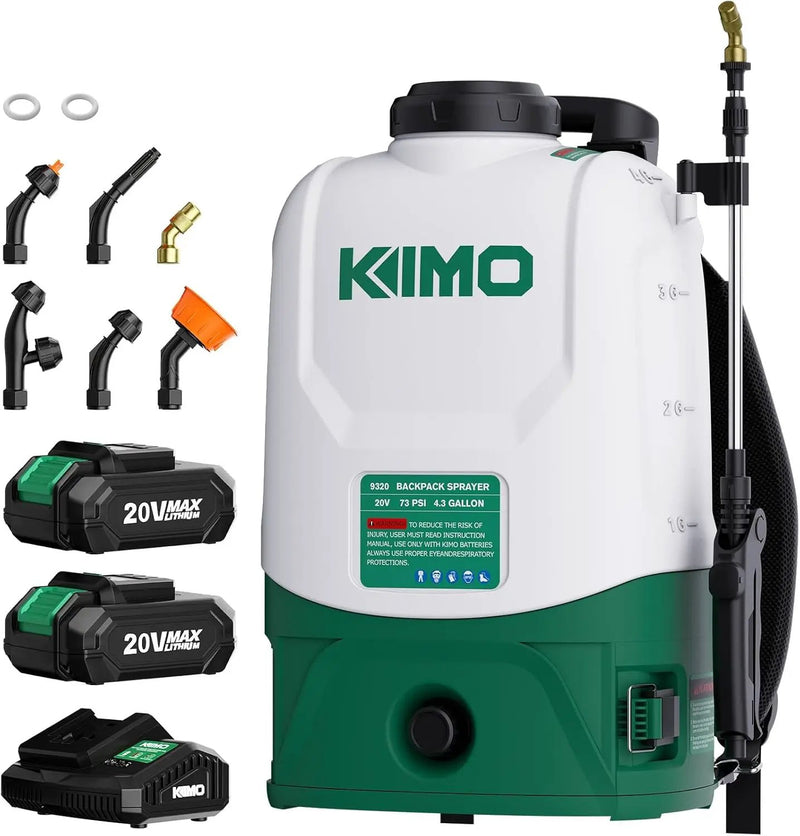 KIMO 4.3 Gallon Battery Powered Backpack Sprayer, 2PCS 20V 2.0Ah Battery & Fast Charger, 31" Telescopic Wand, 6 Nozzles, No Pump Needed, 0-73 PSI Electric Garden Sprayer for Weed, Lawn, Yard, Cleaning by GreenHaven Gardens