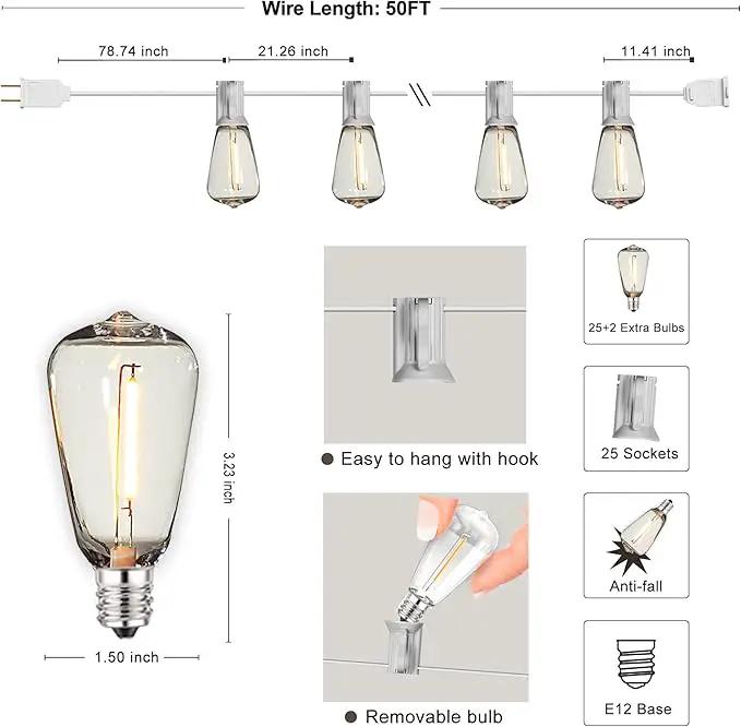 Outdoor String Lights 50FT Waterproof,LED Patio Lights Dimmable with 27 Bright Shatterproof Retro Bulbs,Vintage Edison String Hanging Lights for Outside Bistro,Backyard,Balcony,White Cable by GreenHaven Gardens